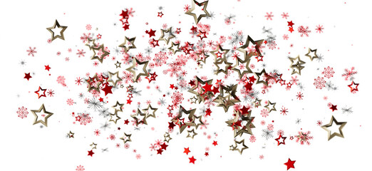 Festive abstract background with gold stars, red stars, and snowflakes against a clean white backdrop, perfect for holiday and winter designs.