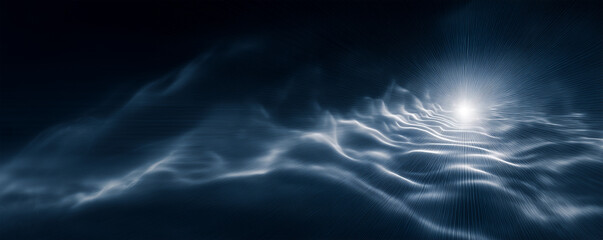 Radiant white pulse emanating softly within a deep navy room creates mesmerizing light waves in misty atmosphere