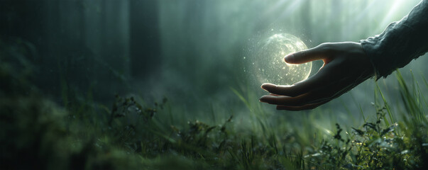 Hand reaches toward glowing orb in serene forest illuminated by soft light