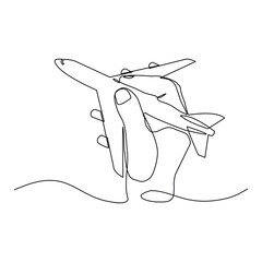 Continuous line of hand holding airplane air craft aero modeling toy miniature. Single line sketch drawing editable stroke of jet plane aero modeling remote control. Vector illustration