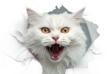 Angry white cat background-transparent photo material. Surprise. Shock. Raging fury. Threatening. Alert. Danger.