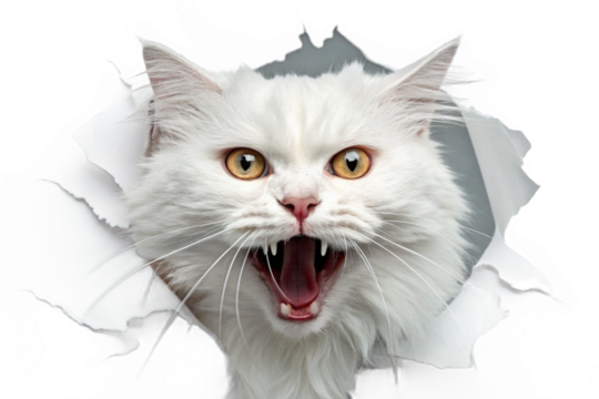 Angry white cat background-transparent photo material. Surprise. Shock. Raging fury. Threatening. Alert. Danger.
