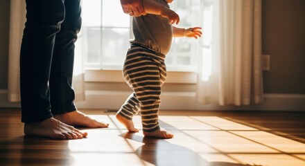 Toddler taking first steps with adult assistance in sunlit room