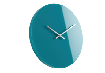Teal round wall clock isolated on transparent background, modern timekeeping device