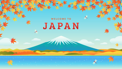Welcome to Japan background vector illustration. Beautiful Autumn landscape of Mount Fuji and Lake