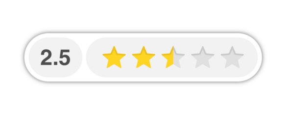 Two and a half star rating bar with numeric label 2.5 in rounded capsule style, below average customer review score, PNG with transparent background
