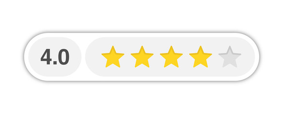 Four star rating bar with numeric label 4.0 in light capsule design, strong review score for customer satisfaction and product quality, PNG with transparent background