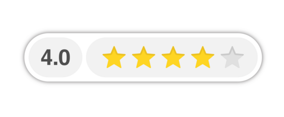 Four star rating bar with numeric label 4.0 in light capsule design, strong review score for customer satisfaction and product quality, PNG with transparent background