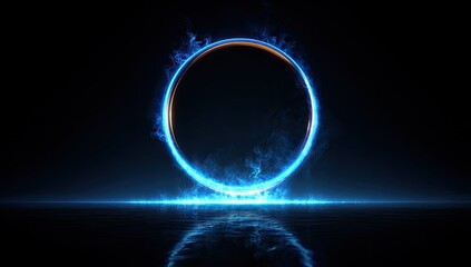 A glowing, circular portal surrounded by blue energy and reflections on a dark surface