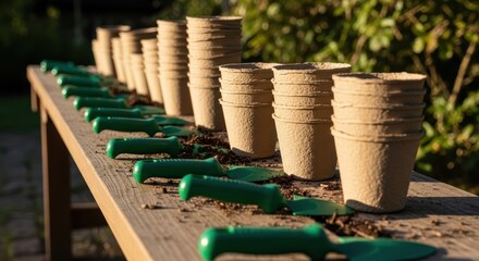 Eco-friendly gardening setup with biodegradable pots and green shovels