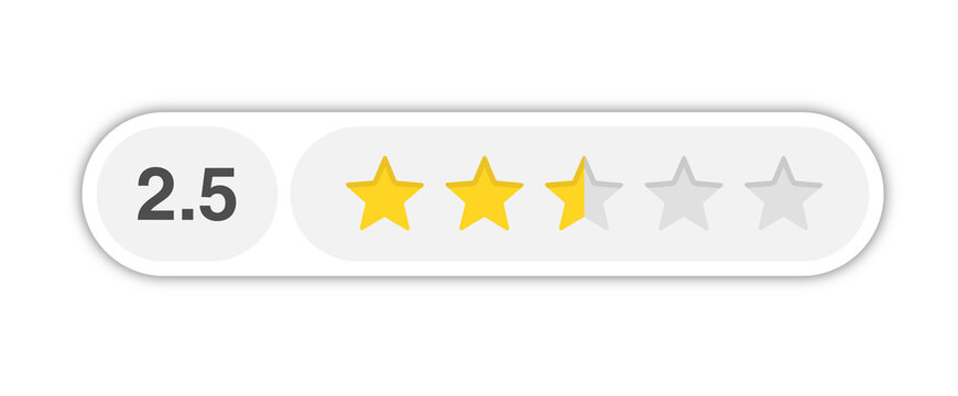 Two and a half star rating bar with numeric label 2.5 in rounded capsule style, below average customer review score, PNG with transparent background