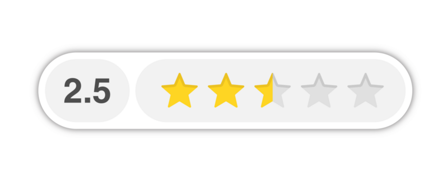 Two and a half star rating bar with numeric label 2.5 in rounded capsule style, below average customer review score, PNG with transparent background