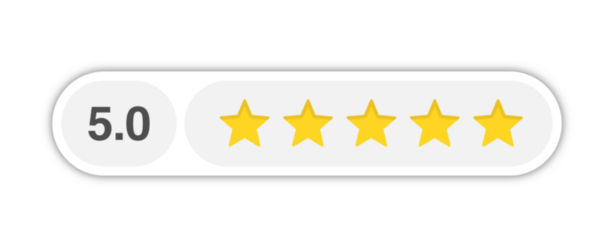 Five star rating bar with numeric label 5.0 in light capsule style, perfect customer feedback score for quality review and satisfaction, PNG with transparent background