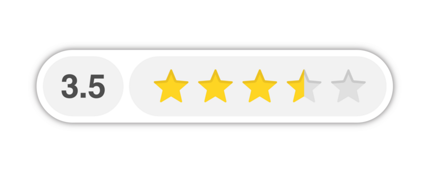 Three and a half star rating bar with numeric label 3.5 in light capsule style, medium high review feedback score, PNG with transparent background