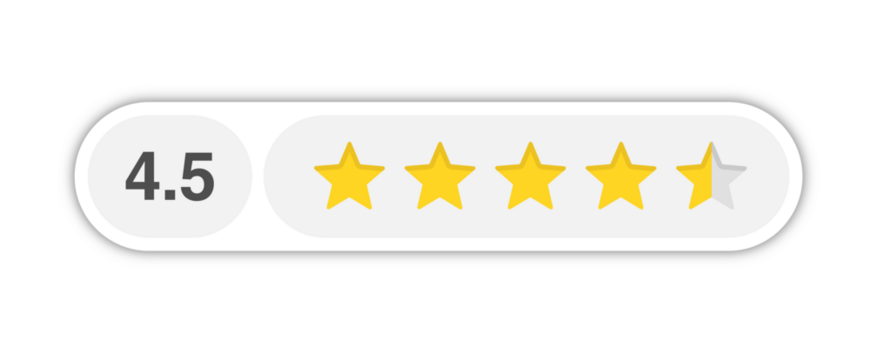 Four and a half star rating bar with numeric label 4.5 in light rounded capsule style, high customer review score, PNG with transparent background