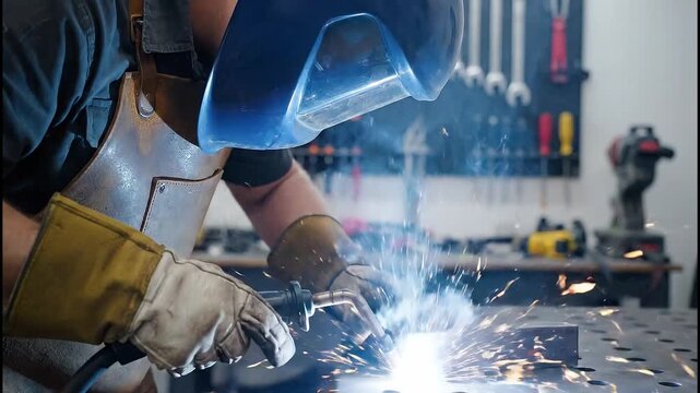 Captivating welding process in a workshop, sparks flying as metal pieces are joined together by a