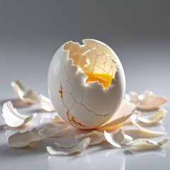 **The Moment of Emergence**: A **delicately fractured eggshell**, standing tall amidst its shattered pieces, showcases a glowing opening that **reveals the vibrant yellow yolk** within, symbolizing **