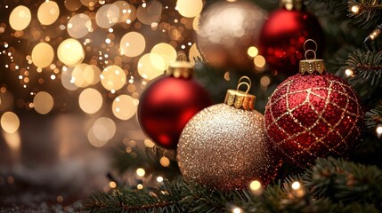 Red and gold Christmas ornaments on tree branch, bokeh background, close-up