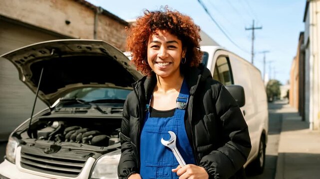 A cheerful mechanic in blue overalls holds a wrench, standing by a van with an open hood Captured at eye level, ideal for a tutorial video