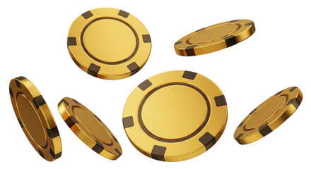 Several golden casino poker chips scattered in motion isolated on transparent background