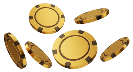 Several golden casino poker chips scattered in motion isolated on transparent background