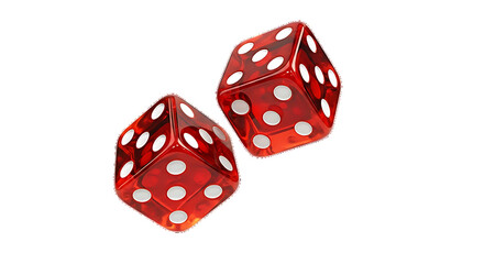 Two translucent red dice with white pips tumbling in the air isolated on transparent background
