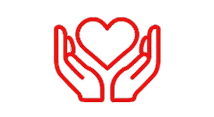 Red outline of cupped hands gently holding a glowing heart symbol isolated on transparent background