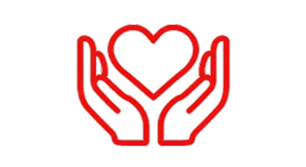Red outline of cupped hands gently holding a glowing heart symbol isolated on transparent background