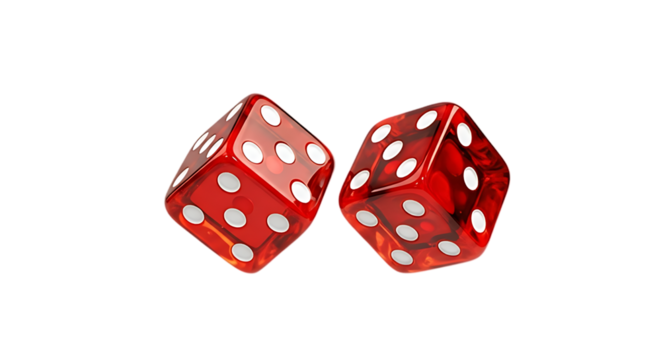 Two red translucent dice showing the number six and five facing upwards isolated on transparent background