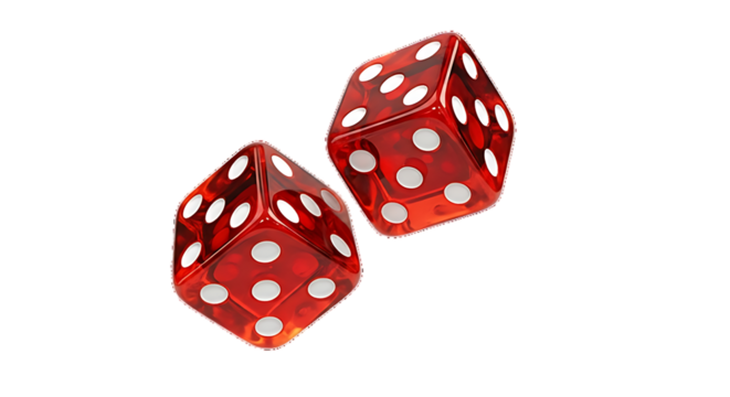 Two translucent red dice with white pips tumbling in the air isolated on transparent background - Powered by Adobe