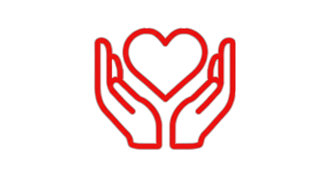 Red neon outline of cupped hands holding a heart symbol isolated on transparent background