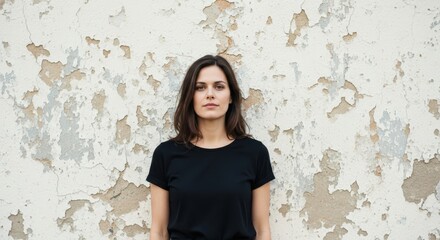 Young caucasian female standing against weathered wall wearing black shirt
