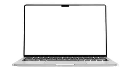Modern silver laptop computer with a blank white screen and keyboard isolated on transparent background