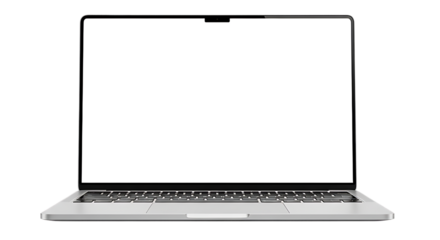Modern silver laptop computer with a blank white screen and keyboard isolated on transparent background