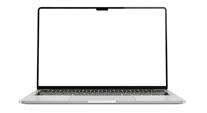 Modern silver laptop computer with a blank white screen and keyboard isolated on transparent background
