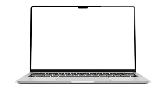 Modern silver laptop computer with a blank white screen and keyboard isolated on transparent background
