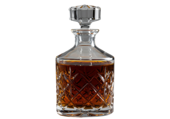 Crystal whiskey decanter with amber liquor isolated, elegant glassware for bar or home use