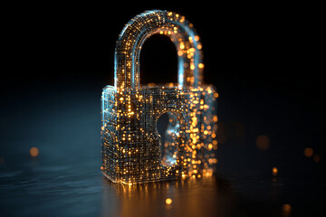 Futuristic digital padlock with glowing cyber security concept