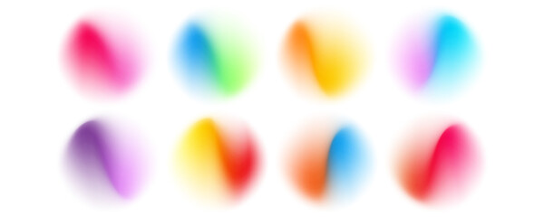 Set color circle gradient noise gradation. Abstract colorful watercolor blur mesh on isolated transparent background. Circle shape png. Gradient aura, grain neon blob noise effect eps10.