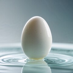 **Equilibrium of Purity**: A smooth, **white egg** achieves a perfect balance, standing at the center of a **calm water surface**, creating **gentle, concentric ripples** that symbolize **fragility an