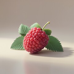 **Ripe Berry Against the Soft Light**: A single, **deep pink-red raspberry**, perfectly ripe and textured, is framed by **fresh green leaves**, with gentle lighting emphasizing the **delicate, dewy fr