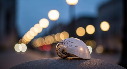 Elegant Nautilus Shell Illuminated by Soft Bokeh Lights at Dusk