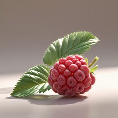 **A Singular Summer Jewel**: A perfectly formed, **vibrant red raspberry** with its intricate drupelets rests next to **two lush green leaves**, the crisp shadow and soft lighting emphasizing the **fr