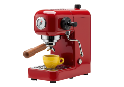 Red espresso machine with yellow cup isolated on transparent background, coffee maker appliance - Powered by Adobe