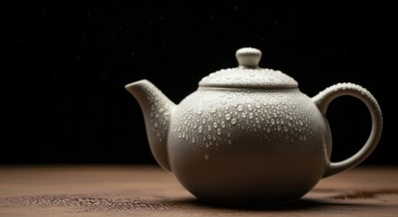 White Teapot with Fresh Water Droplets on Wooden Table and Dark Background
