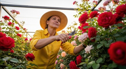 Hispanic female gardener pruning roses in a vibrant flower greenhouse
