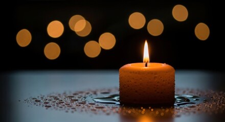 Warmly Lit Orange Candle with Flame and Golden Bokeh Lights on Wet Surface