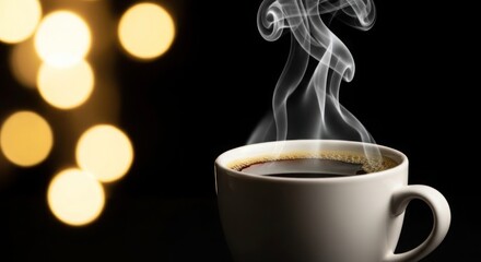 Steaming Hot Coffee Cup with Blurred Golden Bokeh Lights on Dark Background