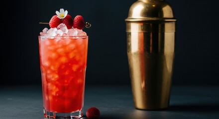 Refreshing raspberry cocktail with ice garnished with flower and gold shaker in background