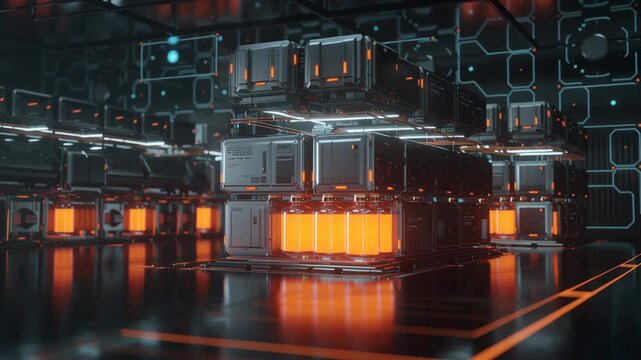 Futuristic lab nanotech containers glowing orange with stacked metallic storage, glowing futuristic lab container nanotech